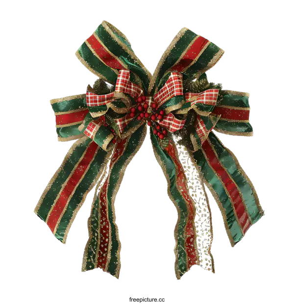 [Transparent Background PNG]Green and Red Christmas Bow with Gold Glitter