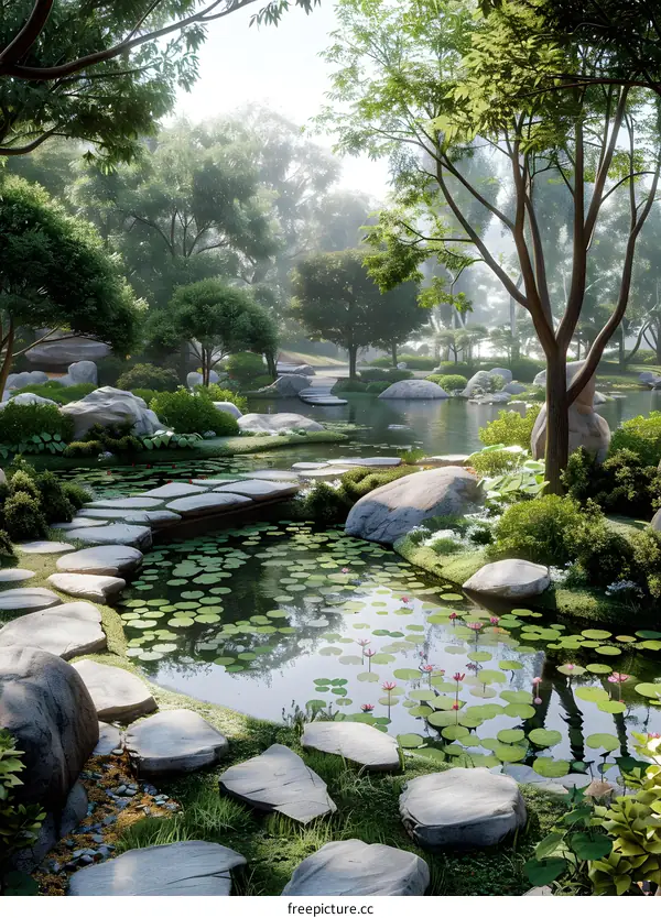 Stepping Stones in a Landscaped Garden with Trees and a Pond