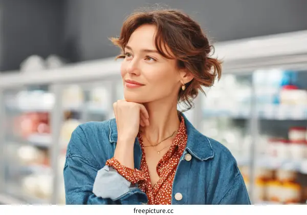 Thoughtful Woman in a Grocery Store