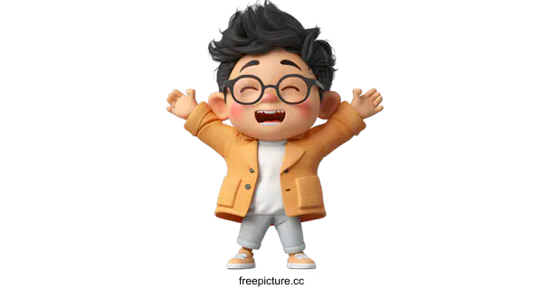 [Transparent Background PNG]A 3D rendering of a young boy wearing glasses and a yellow sweater vest, with his arms raised in the air.