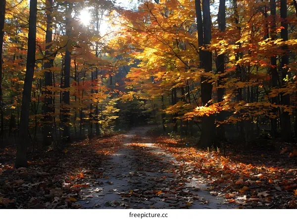 The colorful forest path in autumn