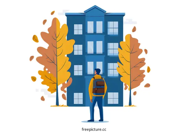 Man with Backpack Standing in Front of Building with Autumn Leaves Falling