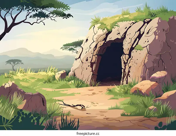 Cave Entrance in a Green Savanna Landscape