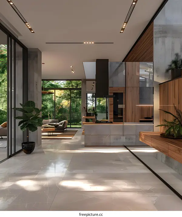 Modern Minimalist Interior Design of a House with Wooden and Concrete Elements