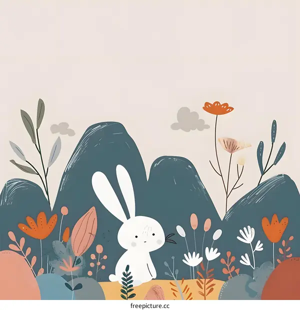 Cute Bunny in a Flower Garden Illustration