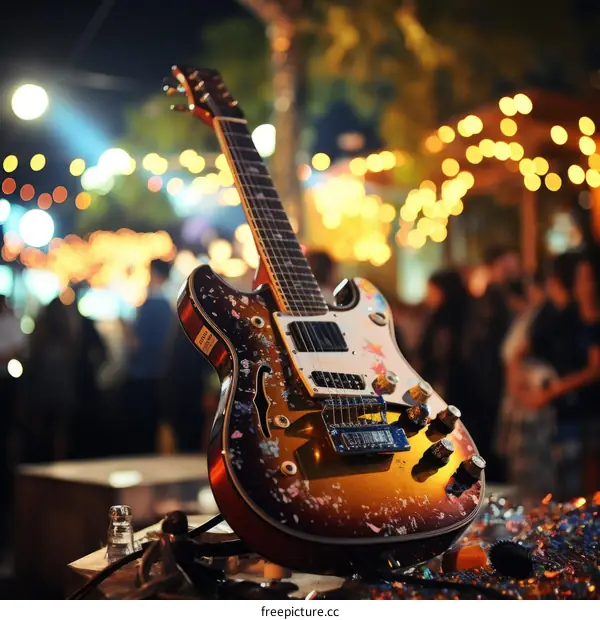 Electric Guitar Close-Up with Blurred Concert Crowd