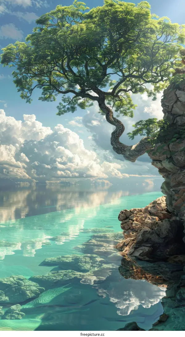 A Majestic Tree Overlooking a Pristine Azure Lake