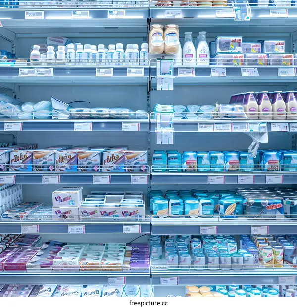 Dairy Products and Yogurt on Shelves in a Supermarket