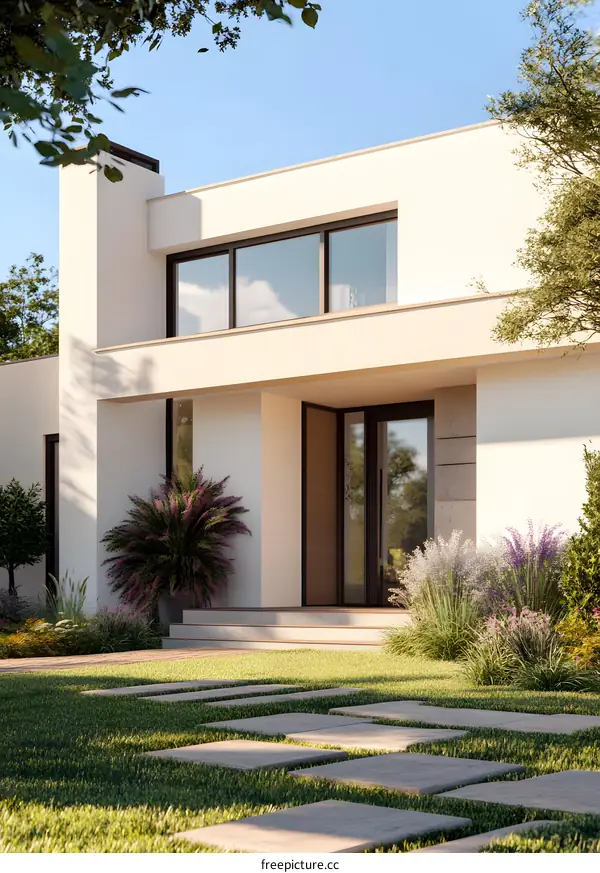 Modern House Exterior With Green Grass And Stone Pathway