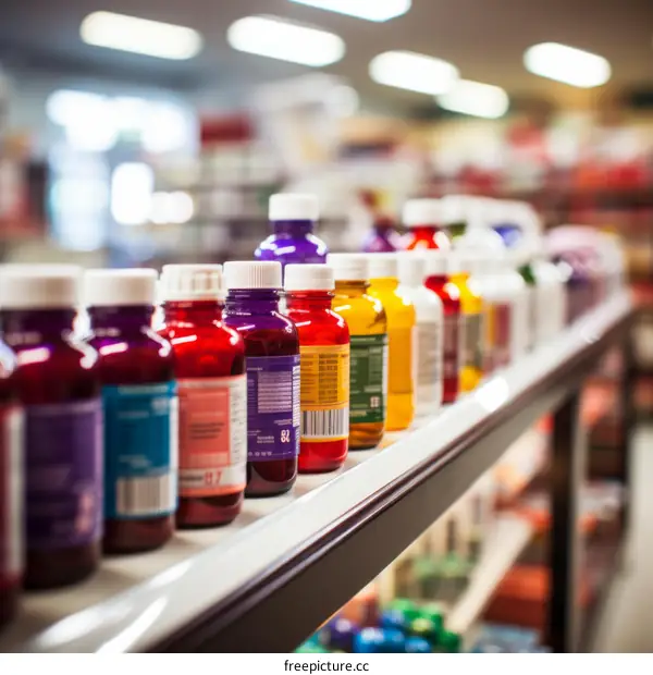 Colorful bottles of liquid medicine on a shelf in a pharmacy