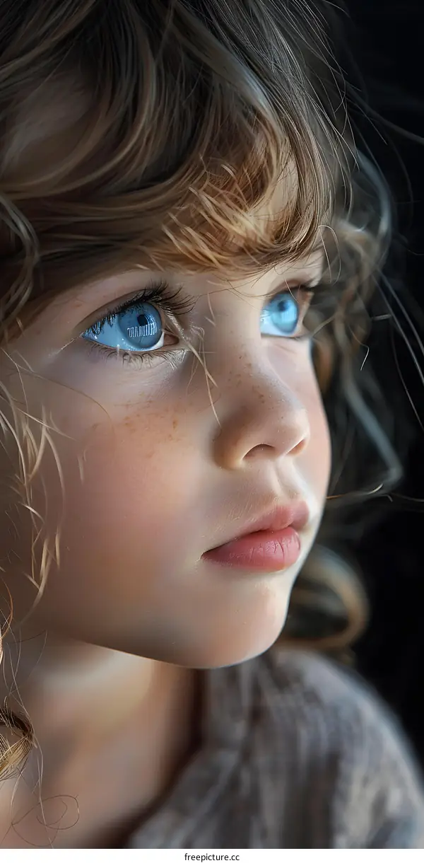Portrait of a beautiful child with blue eyes and freckles