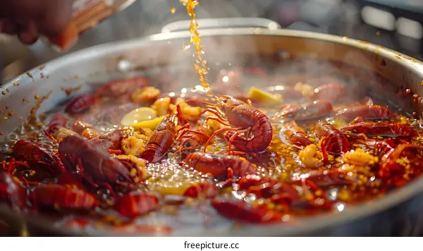 Cooking Spicy Crayfish in Large Pot