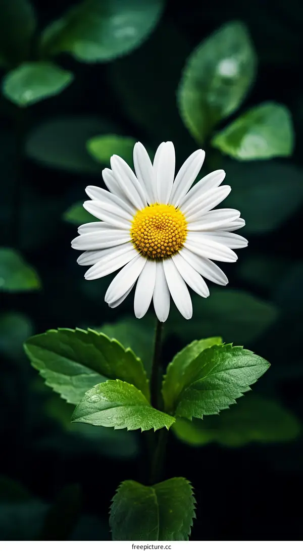 Close-up of a white daisy flower with a yellow center and green leaves in the background