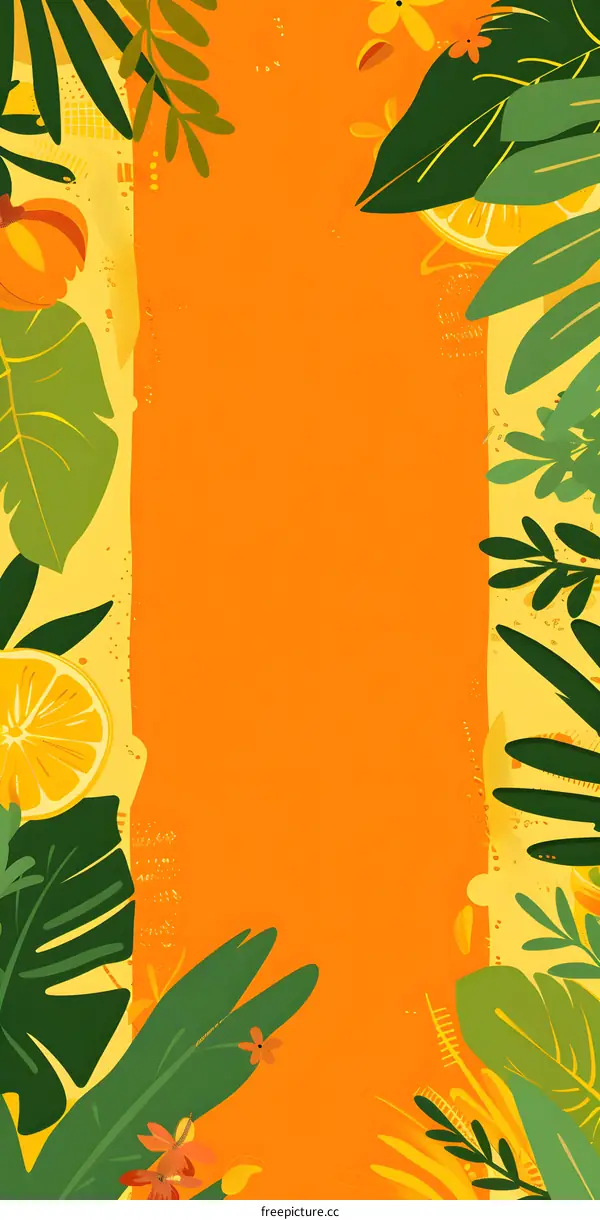 Summer Tropical Leaves Orange Background Illustration