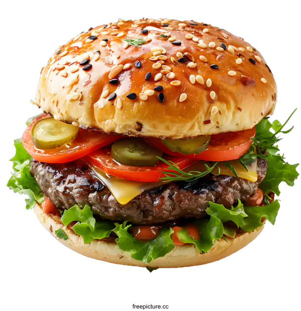[Transparent Background PNG]yummy cheeseburger with pickles closeup