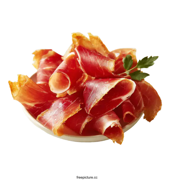 [Transparent Background PNG]Deliciously Sliced Spanish Ham Displayed on a Plate