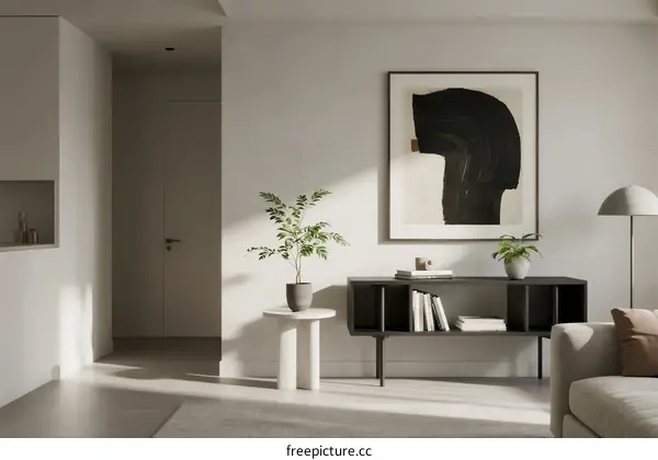 Modern minimalist living room with abstract art and indoor plants