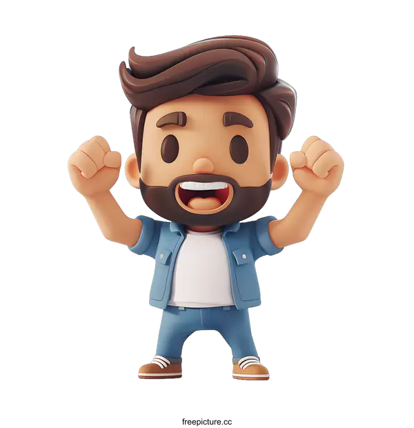 [Transparent Background PNG]3D Cartoon Character Man With Beard, Happy, Cheerful, Success, Celebration, Excitement