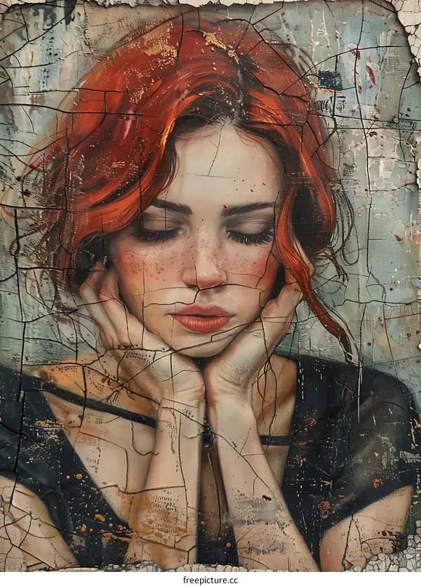 Redhead Woman with Closed Eyes in a Cracked Painting