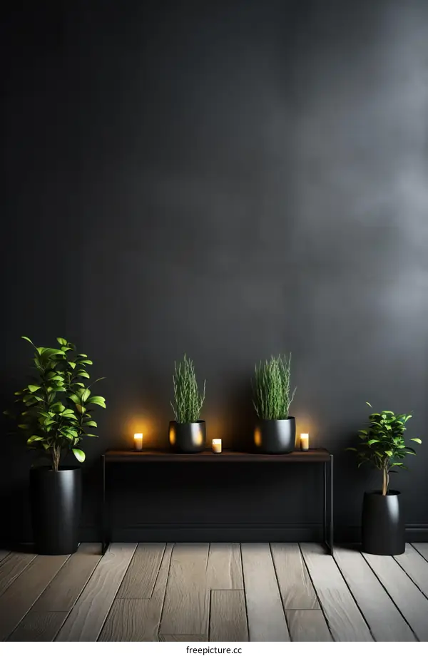 Black wall with plants and candles