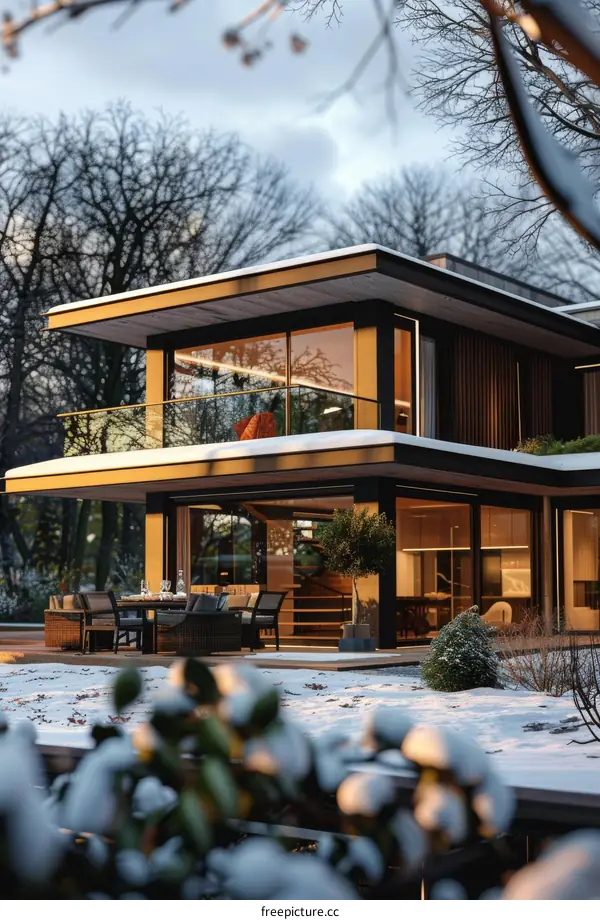 Modern Winter House Exterior with Terrace