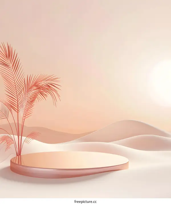 Minimalist 3D Render of Pink Palm Tree and Product Stand on Sand Dunes Background