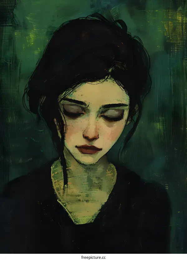 portrait of a young woman with dark hair and green eyes