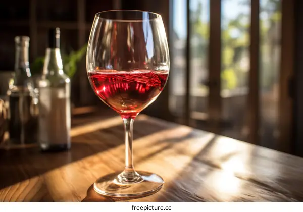 Red wine glass on a wooden table with bottles in the background
