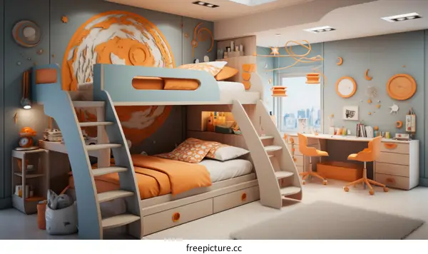 Spacious Bedroom with Bunk Bed, Desk, and Ample Storage