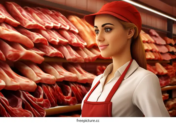 Portrait of a female butcher in a supermarket