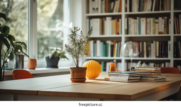 Cozy and Inspiring Home Library with Wooden Table and Flowers