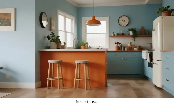 Bright Blue Kitchen with Orange Island and Modern Decor