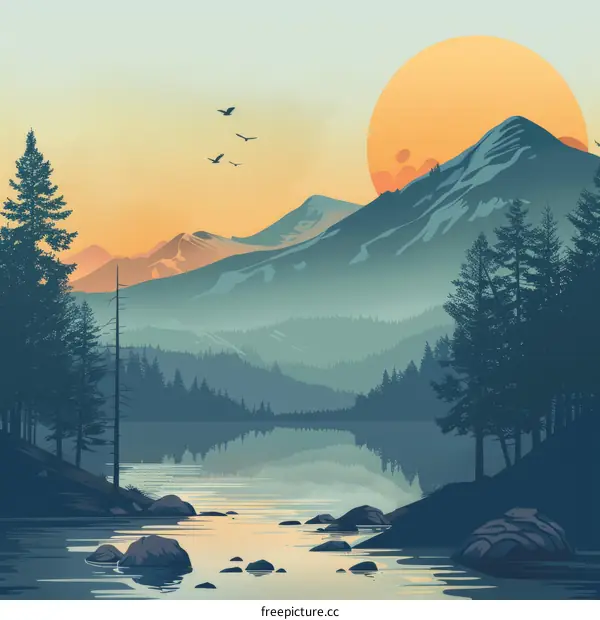 Tranquil Dusk Over Misty Mountains And Still Lake