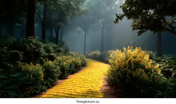 Yellow Brick Road in a Misty Forest