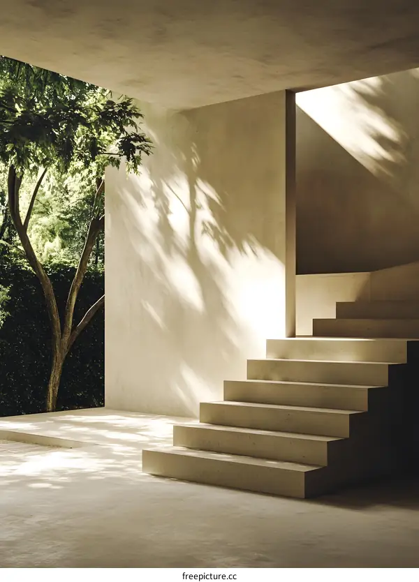 Minimalist Concrete Staircase with Sunlight and Tree Shadow