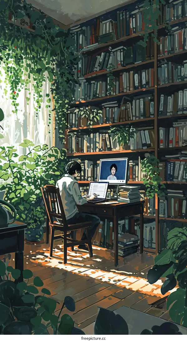 Someone sitting in a chair in a library in front of a desk surrounded by books, plants, and a window