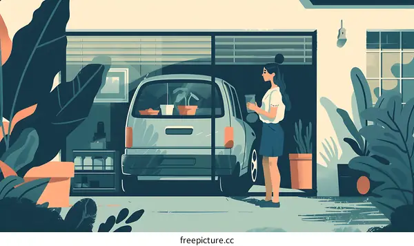 Woman with coffee near her car in a garage