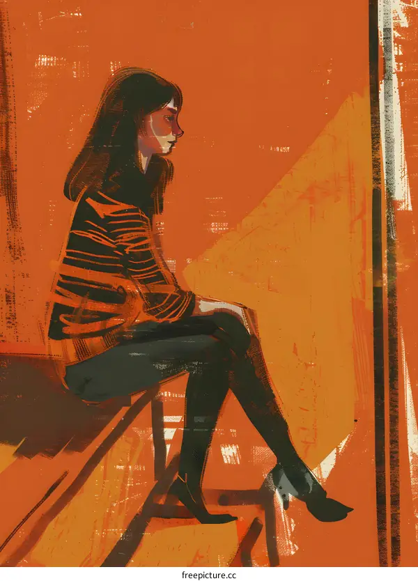 Woman Sitting on Orange Background