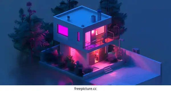 Neon Pink and Blue Illuminated Modern House at Night