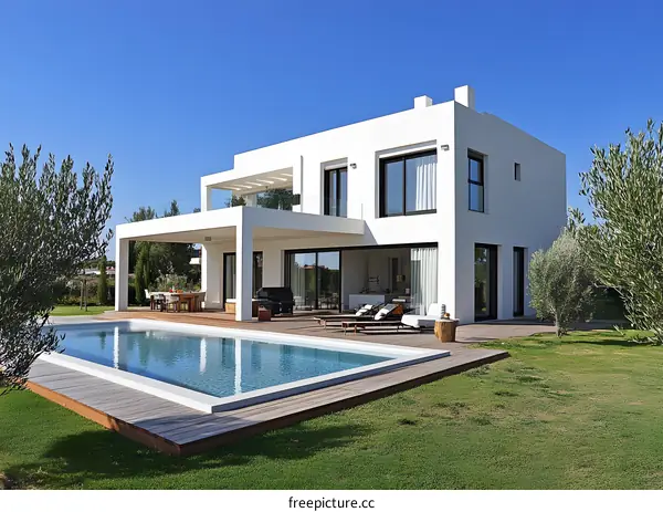 Modern White Villa with Swimming Pool and Olive Trees