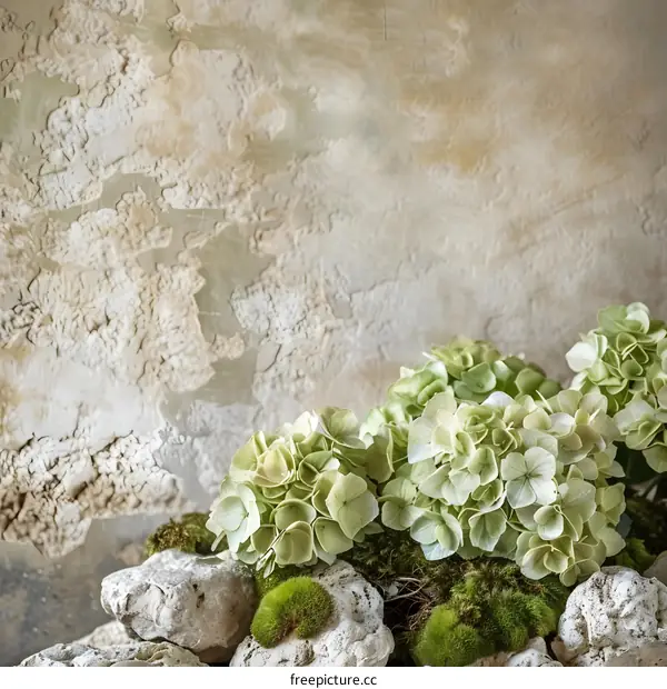 Green Hydrangea Flowers On Rough Stone Texture Background