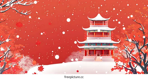 Snowy Winter Scene with Traditional Chinese Architecture