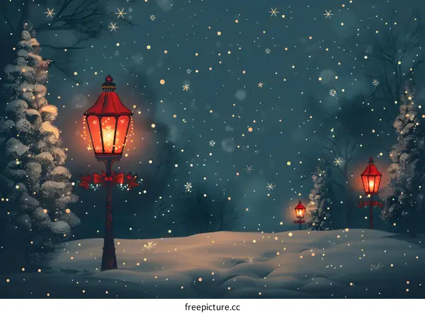 Snowy night with red lamp posts