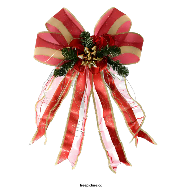 [Transparent Background PNG]Red and Gold Christmas Bow with Green Pine Sprigs