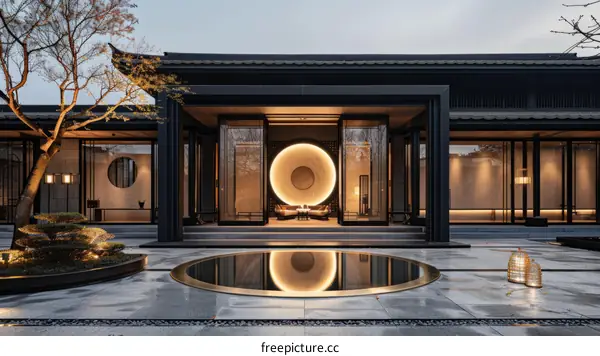Tranquil Chinese Courtyard with Reflection Pool and Round Gate