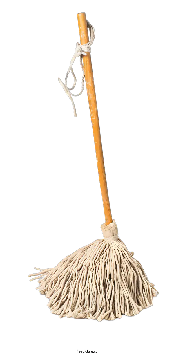 [Transparent Background PNG]Wooden Handle String Mop Isolated On White Background