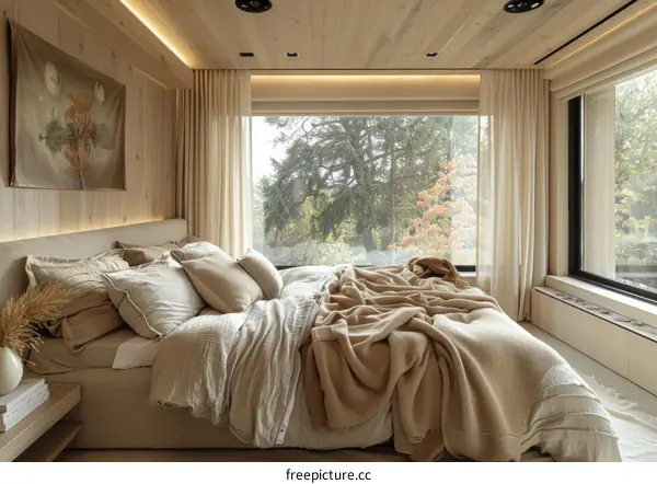 Modern Scandinavian Bedroom with a Forest View