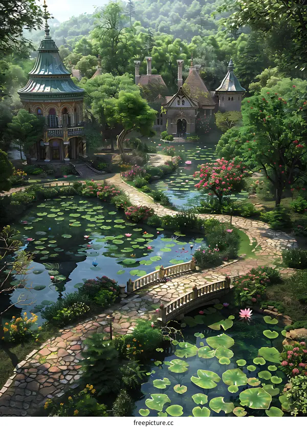 Fantasy Garden with Stone Bridge and Pond