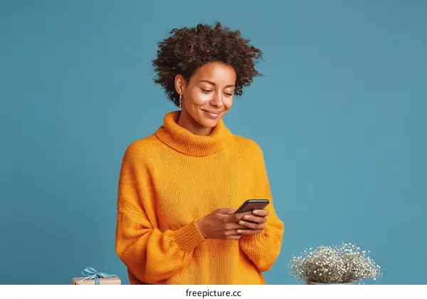 Smiling Woman Texting on Phone Against a Teal Background