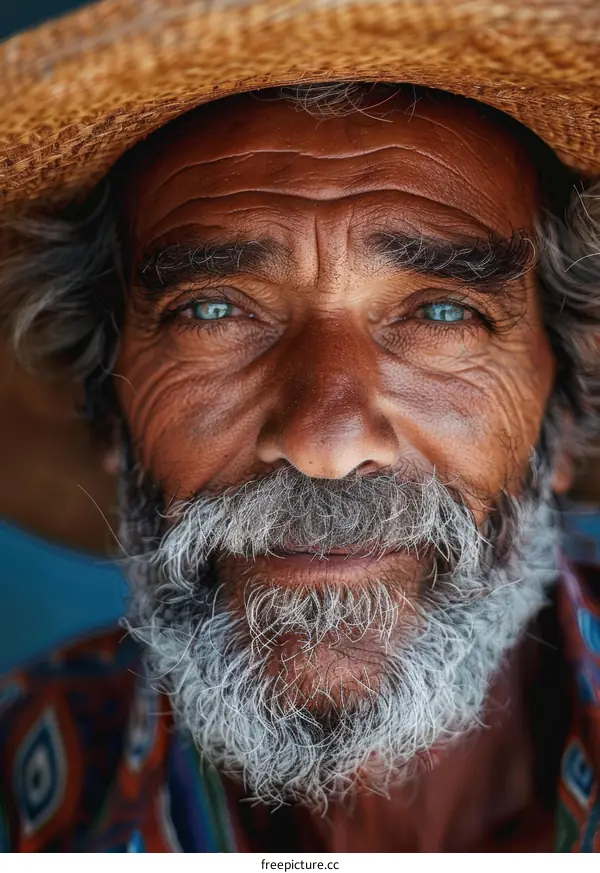 Close-up Portrait of a Senior Man in a Straw Hat